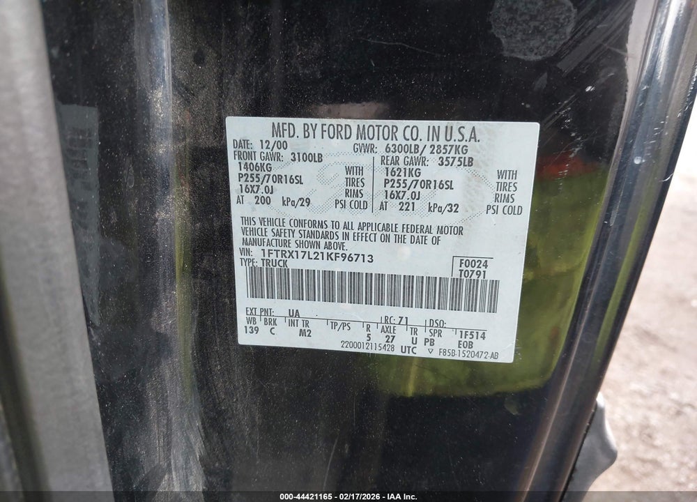 2001 FORD F-150 LARIAT/XL/XLT VIN: 1FTRX17L21KF96713