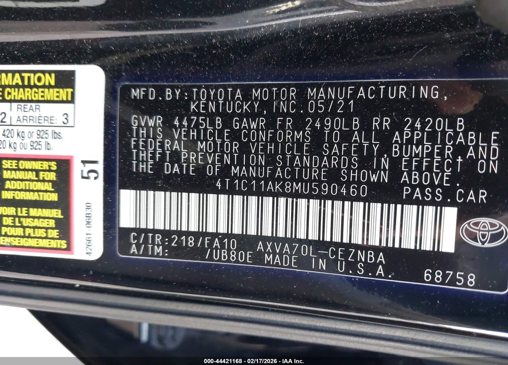 2021 TOYOTA CAMRY LE VIN: 4T1C11AK8MU590460