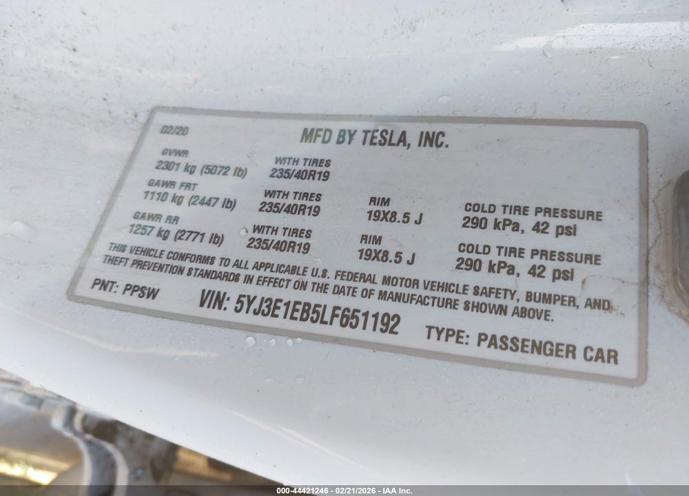 2020 TESLA MODEL 3 LONG RANGE DUAL MOTOR ALL-WHEEL DRIVE VIN: 5YJ3E1EB5LF651192