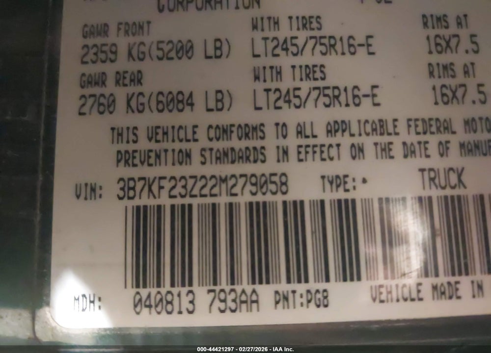 2002 DODGE RAM 2500 ST VIN: 3B7KF23Z22M279058