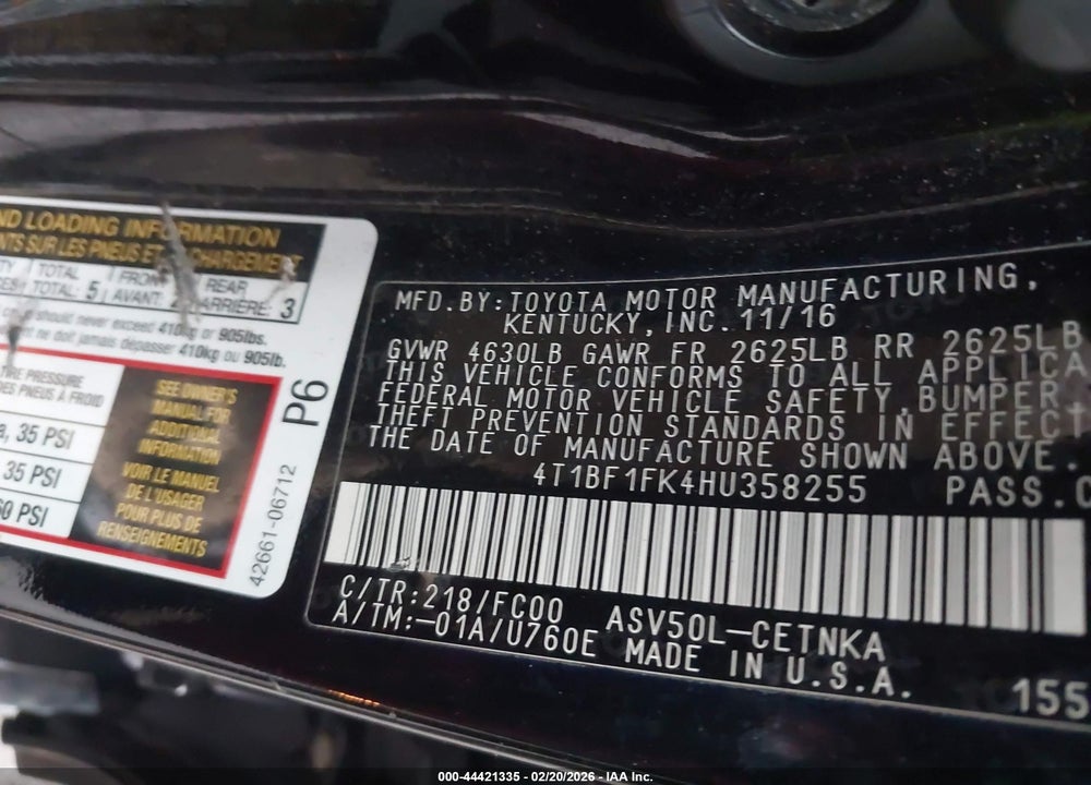 2017 TOYOTA CAMRY LE VIN: 4T1BF1FK4HU358255