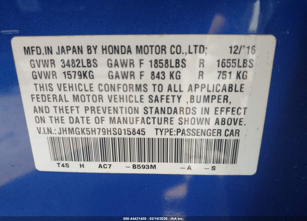 2017 HONDA FIT EX VIN: JHMGK5H79HS015845