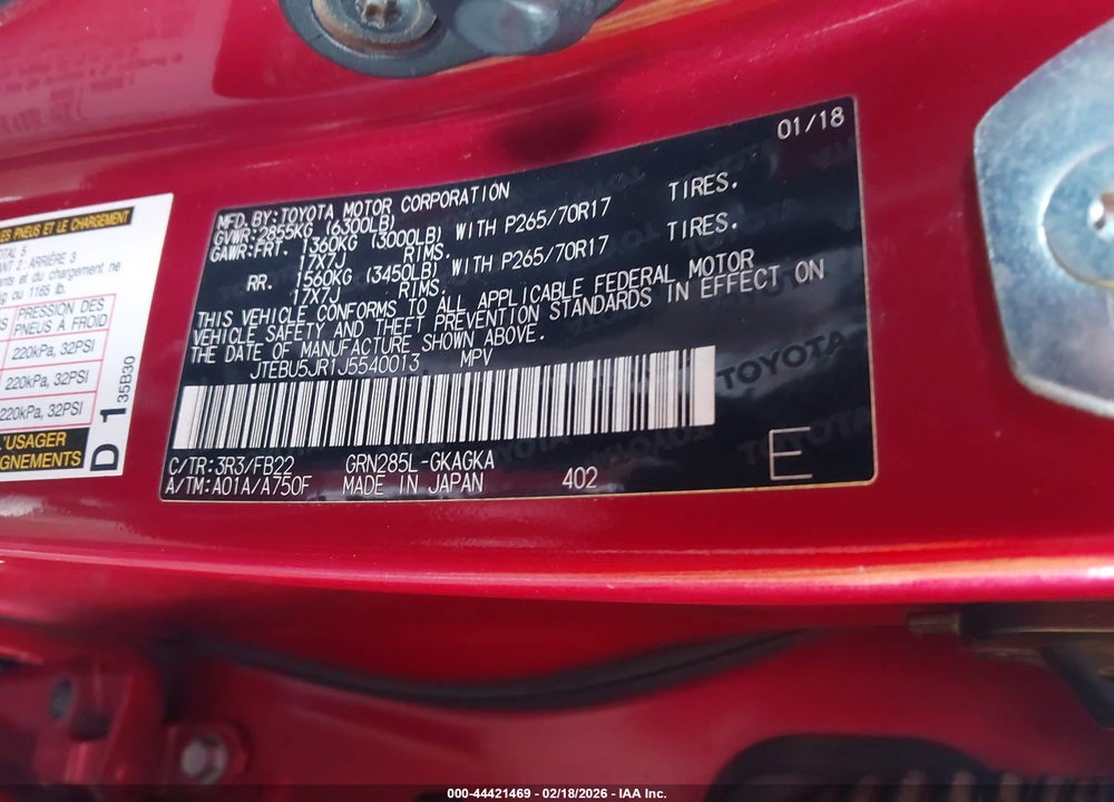 2018 TOYOTA 4RUNNER SR5 VIN: JTEBU5JR1J5540013
