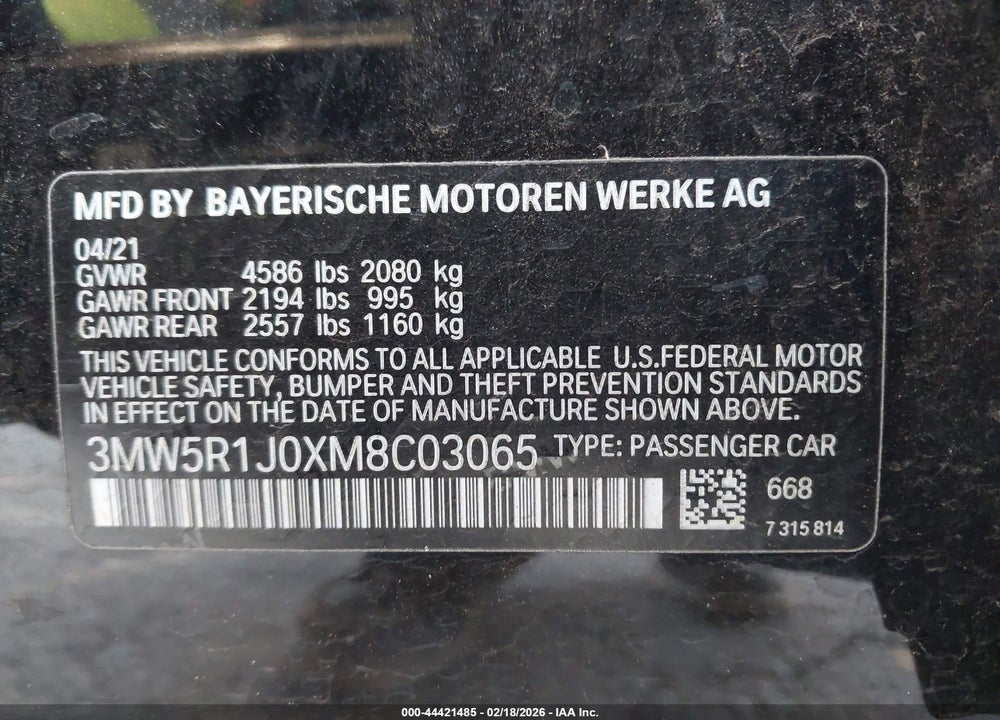 2021 BMW 330I VIN: 3MW5R1J0XM8C03065