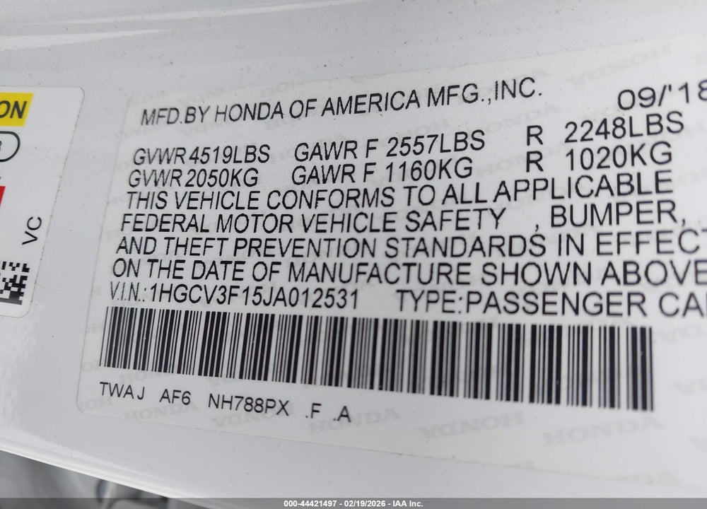 2018 HONDA ACCORD HYBRID VIN: 1HGCV3F15JA012531