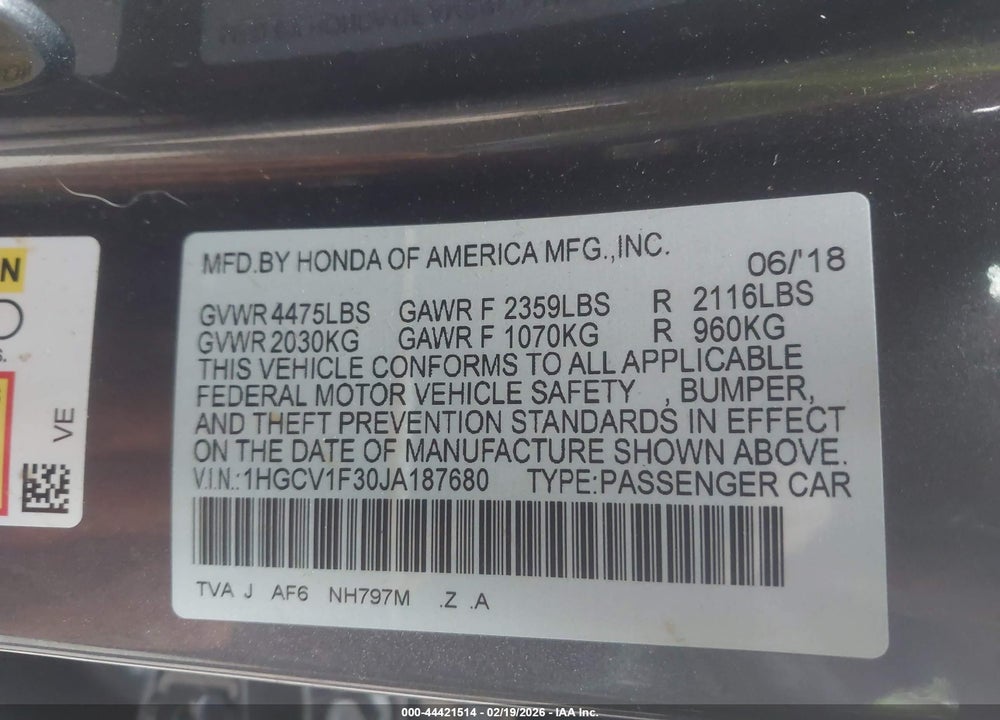 2018 HONDA ACCORD SPORT VIN: 1HGCV1F30JA187680