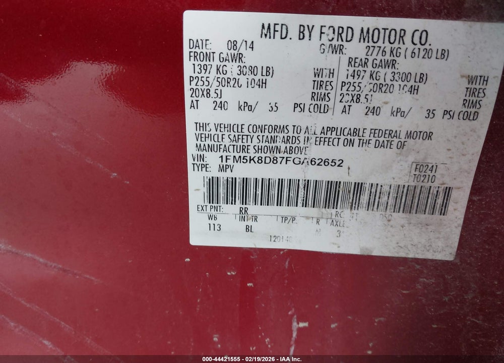2015 FORD EXPLORER XLT VIN: 1FM5K8D87FGA62652