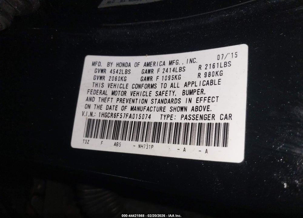 2015 HONDA ACCORD HYBRID EX-L VIN: 1HGCR6F57FA015074