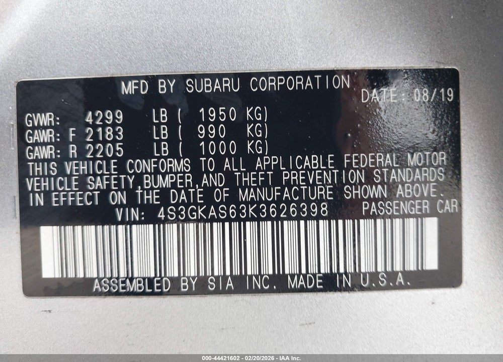 2019 SUBARU IMPREZA 2.0I LIMITED VIN: 4S3GKAS63K3626398