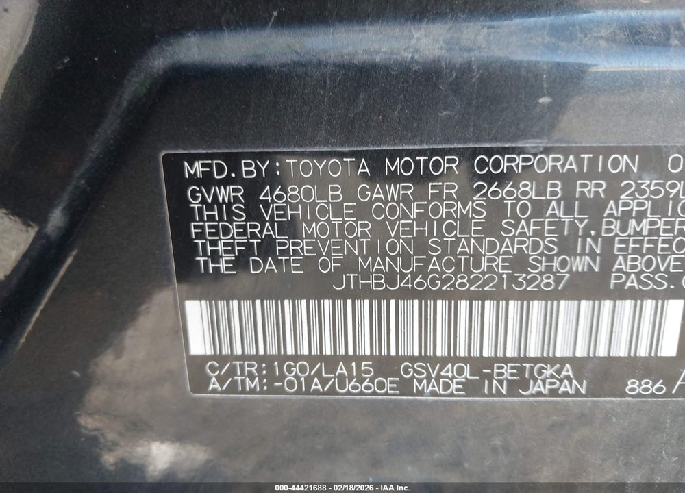 2008 LEXUS ES 350 VIN: JTHBJ46G282213287