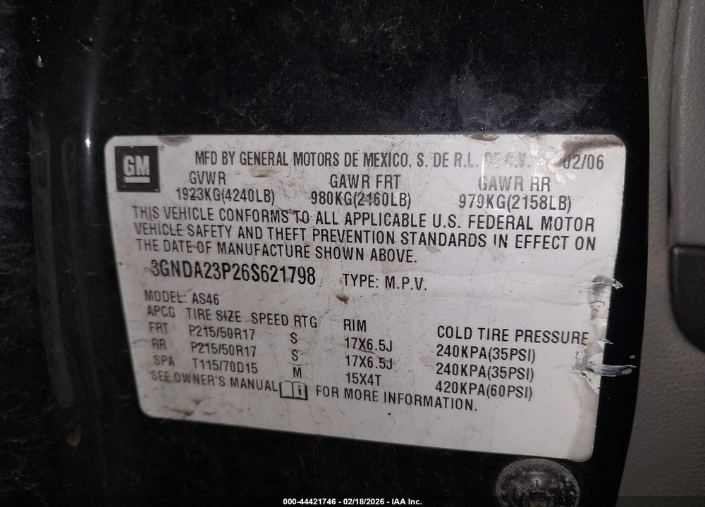 2006 CHEVROLET HHR LT VIN: 3GNDA23P26S621798