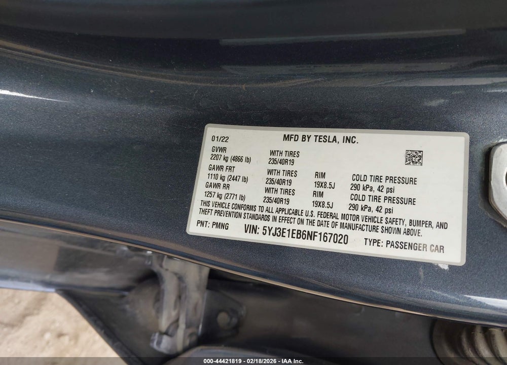 2022 TESLA MODEL 3 LONG RANGE DUAL MOTOR ALL-WHEEL DRIVE VIN: 5YJ3E1EB6NF167020