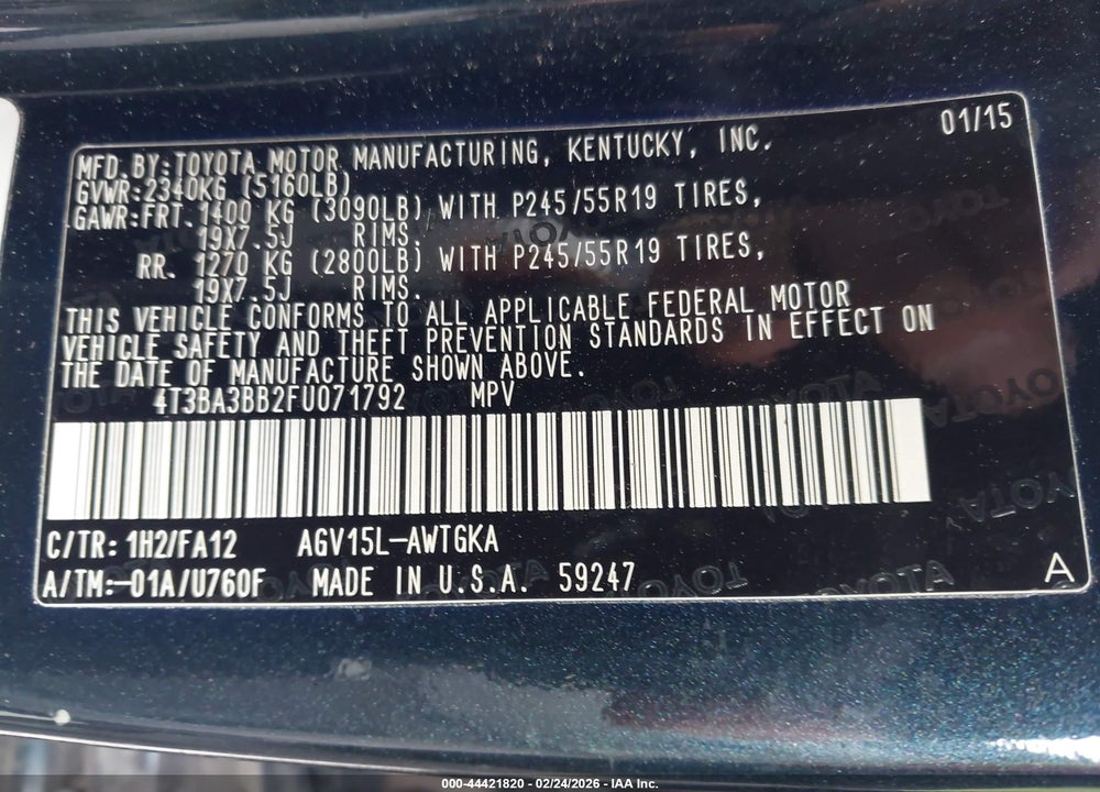 2015 TOYOTA VENZA LE VIN: 4T3BA3BB2FU071792