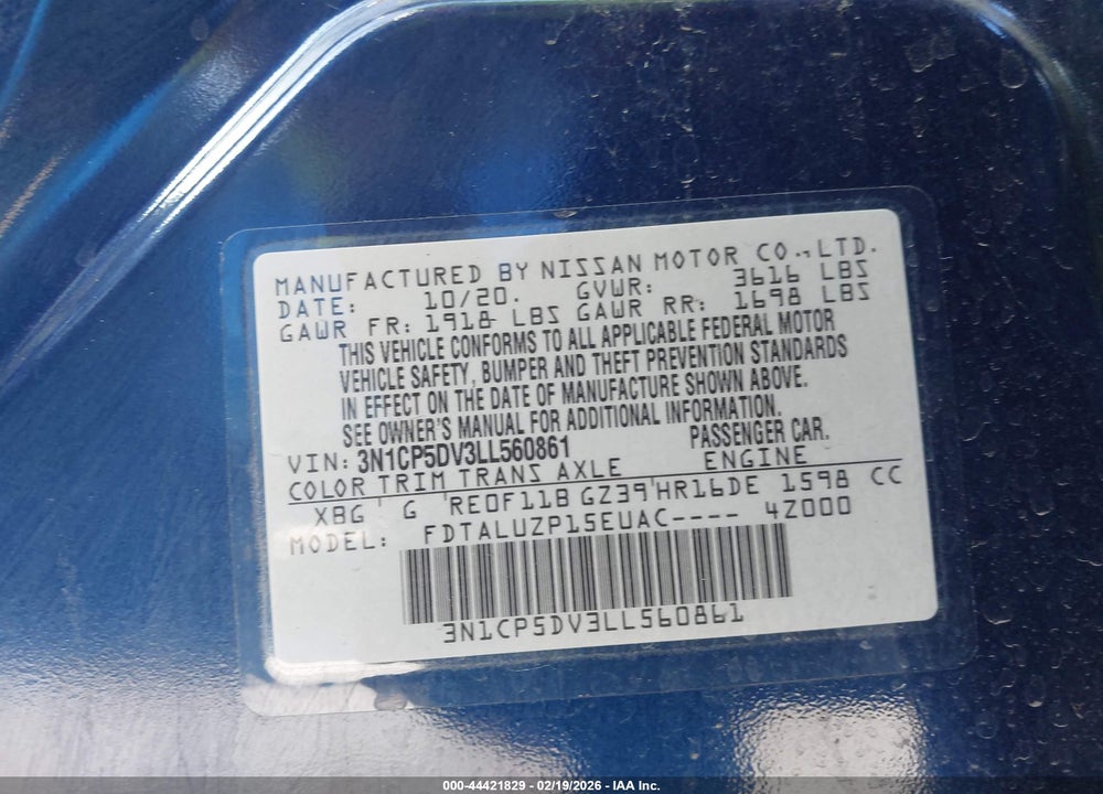 2020 NISSAN KICKS SR XTRONIC CVT VIN: 3N1CP5DV3LL560861