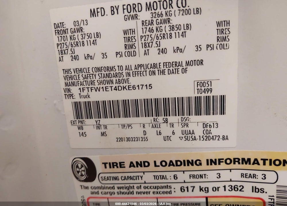 2013 FORD F-150 XLT VIN: 1FTFW1ET4DKE61715