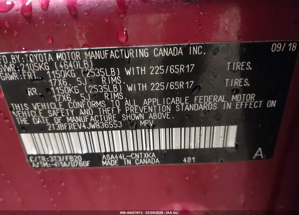 2018 TOYOTA RAV4 LE VIN: 2T3BFREV4JW836553