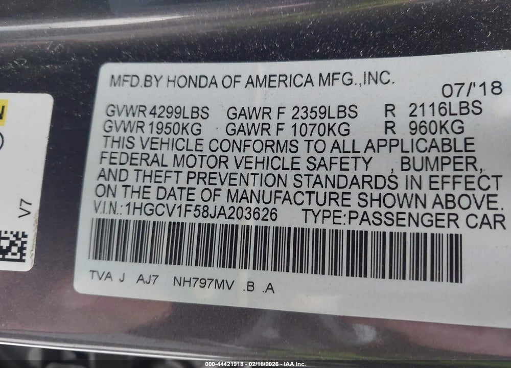 2018 HONDA ACCORD EX-L VIN: 1HGCV1F58JA203626