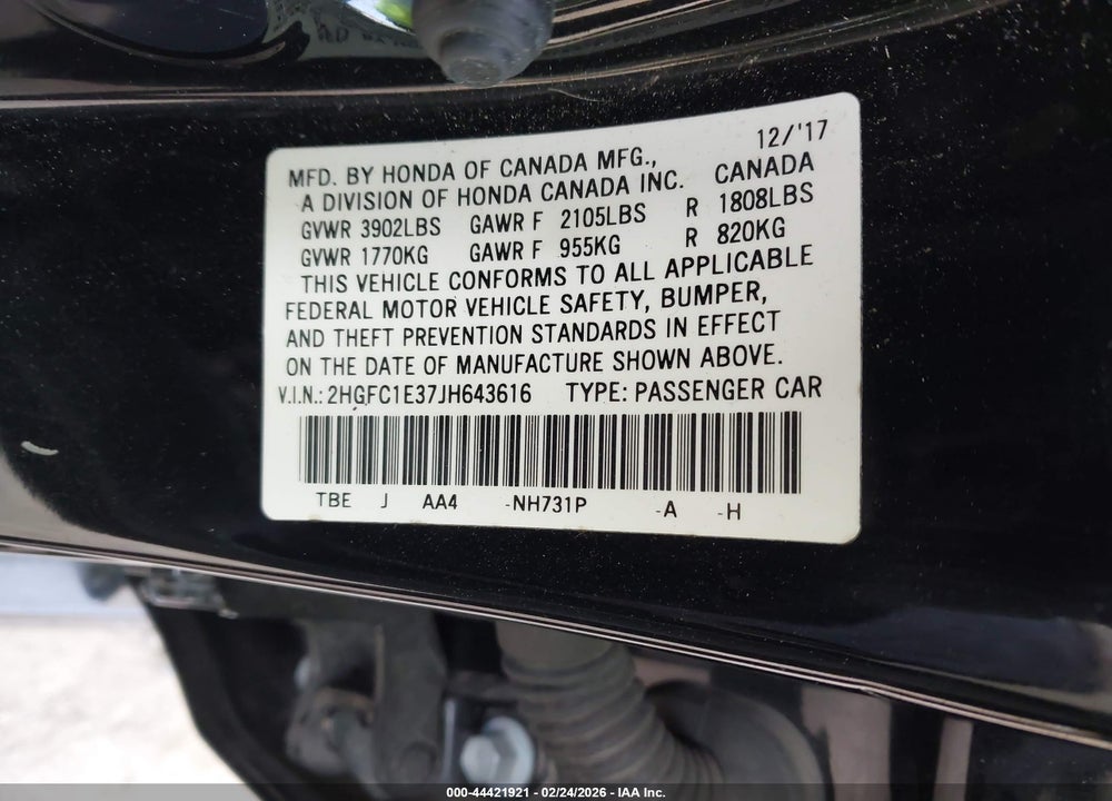 2018 HONDA CIVIC EX-T VIN: 2HGFC1E37JH643616
