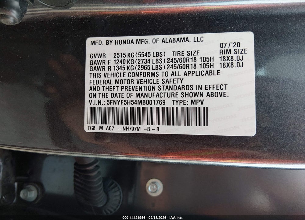 2021 HONDA PILOT 2WD EX-L VIN: 5FNYF5H54MB001769