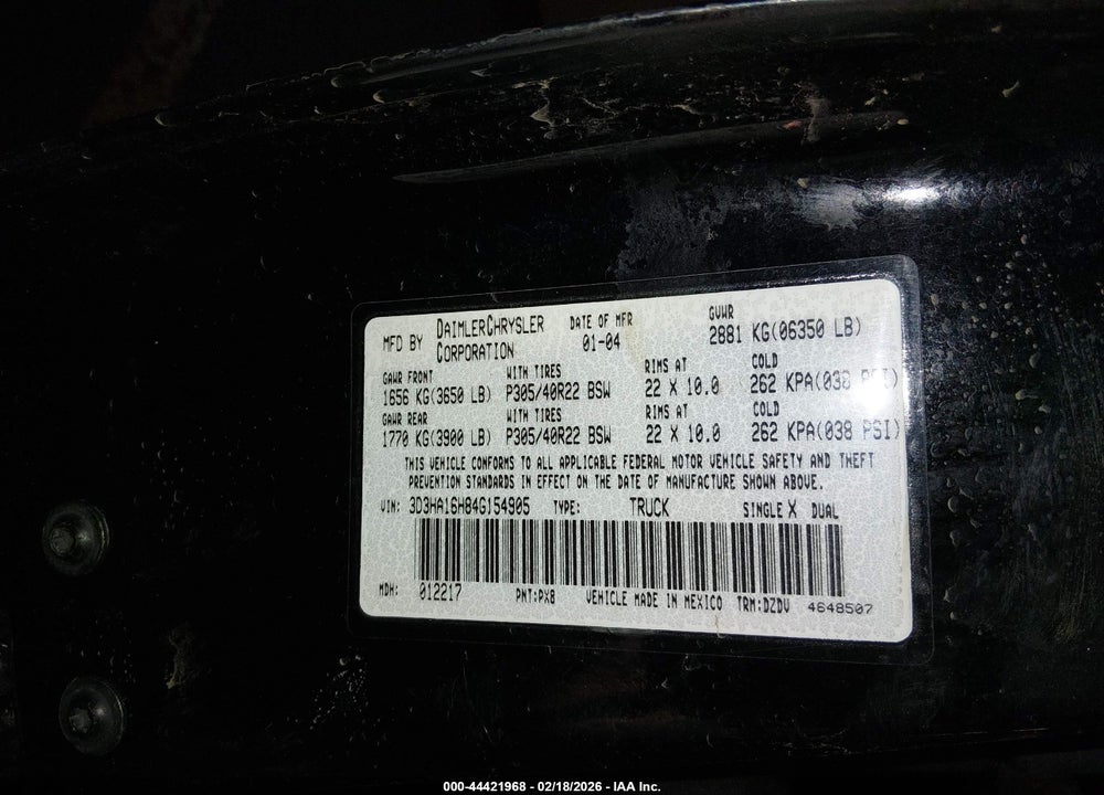 2004 DODGE RAM 1500 SRT-10 VIN: 3D3HA16H84G154905