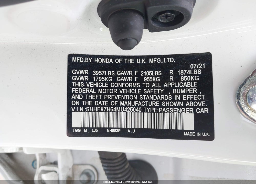 2021 HONDA CIVIC EX VIN: SHHFK7H64MU425040