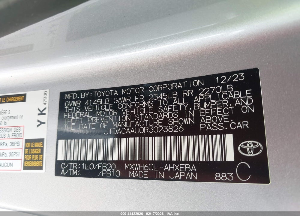 2024 TOYOTA PRIUS LE VIN: JTDACAAU0R3023826