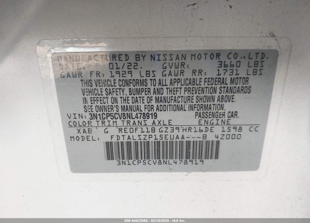 2022 NISSAN KICKS SV XTRONIC CVT VIN: 3N1CP5CV8NL478919