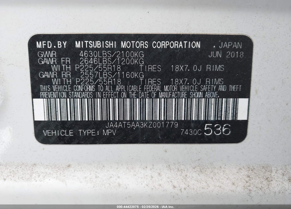 2019 MITSUBISHI ECLIPSE CROSS SEL VIN: JA4AT5AA3KZ001779
