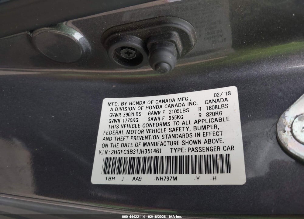 2018 HONDA CIVIC EX-T VIN: 2HGFC3B31JH351461