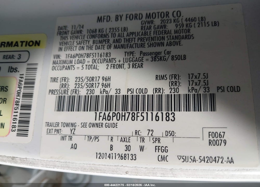 2015 FORD FUSION SE VIN: 1FA6P0H78F5116183