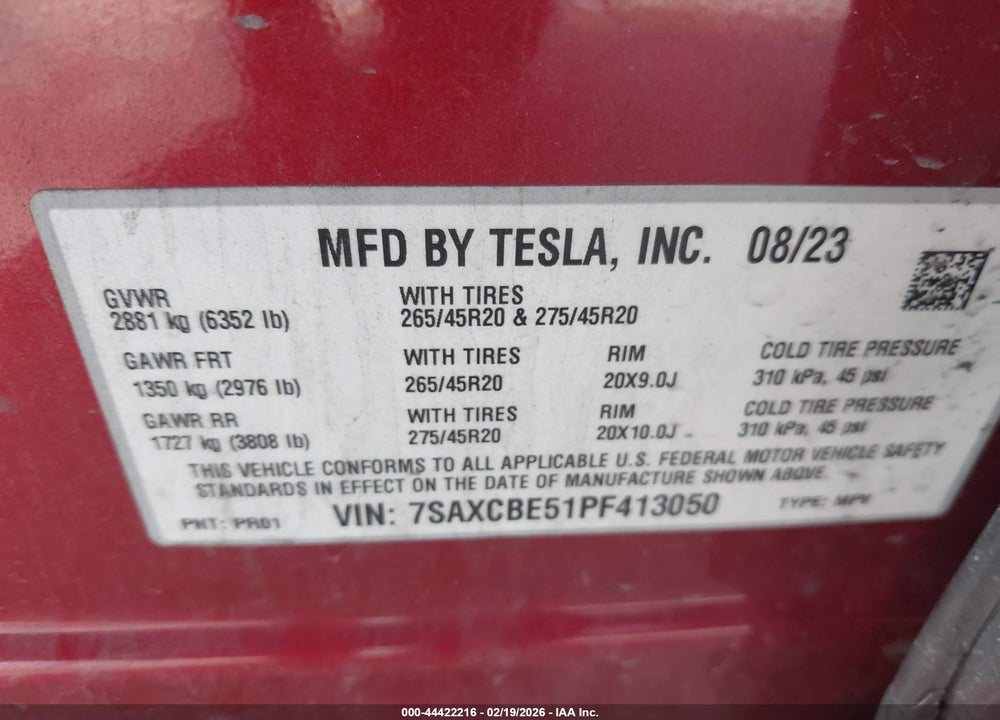2023 TESLA MODEL X VIN: 7SAXCBE51PF413050