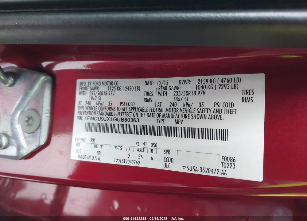 2016 FORD ESCAPE TITANIUM VIN: 1FMCU9JX1GUB80363