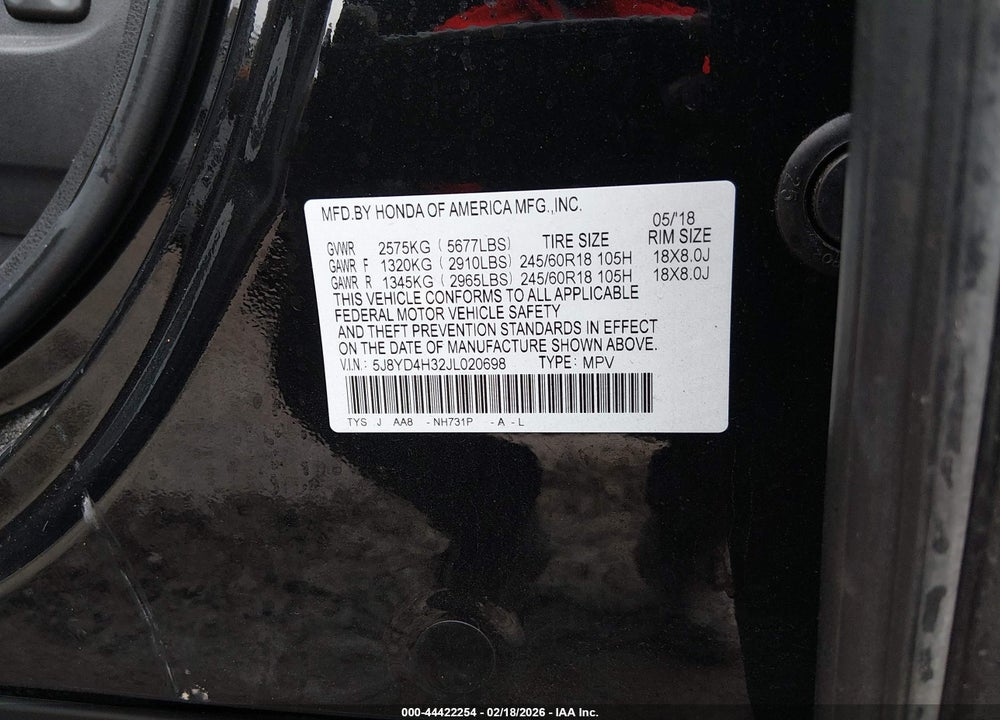 2018 ACURA MDX VIN: 5J8YD4H32JL020698