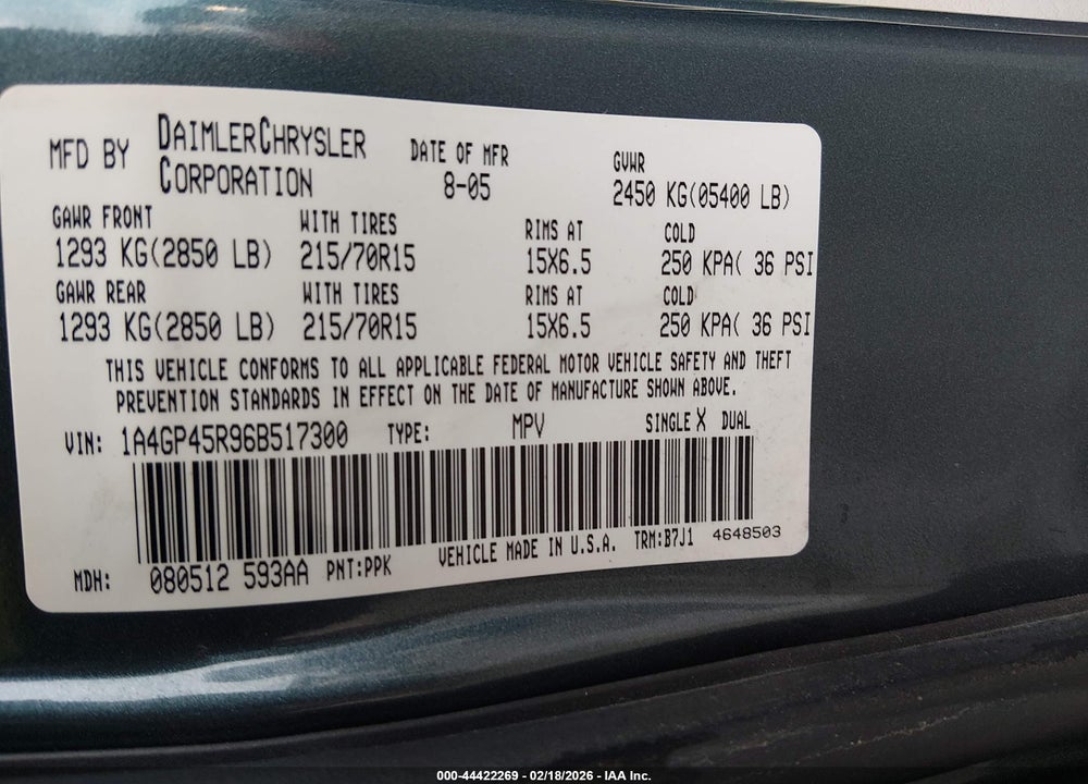 2006 CHRYSLER TOWN & COUNTRY VIN: 1A4GP45R96B517300