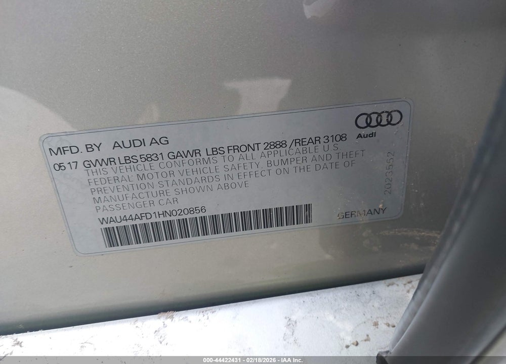 2017 AUDI A8 L 3.0T VIN: WAU44AFD1HN020856