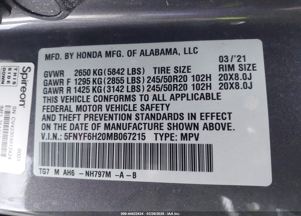 2021 HONDA PILOT AWD SPECIAL EDITION VIN: 5FNYF6H20MB067215