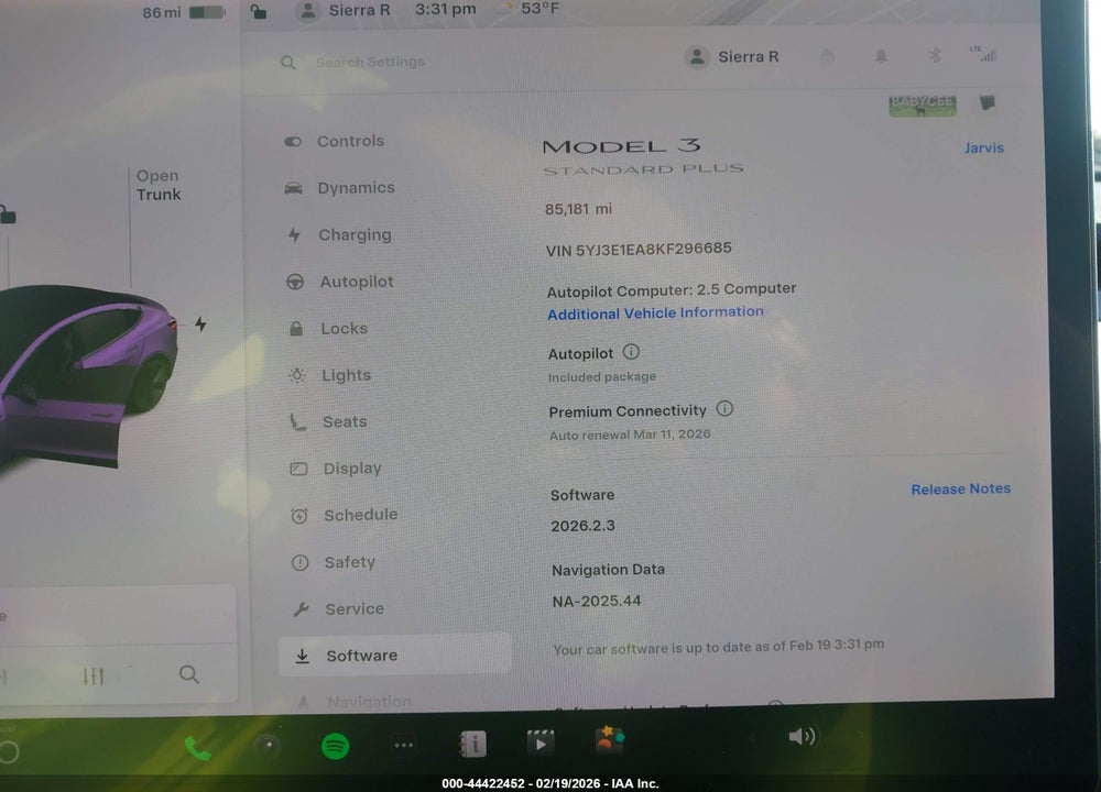 2019 TESLA MODEL 3 LONG RANGE/MID RANGE/STANDARD RANGE/STANDARD RANGE PLUS VIN: 5YJ3E1EA8KF296685