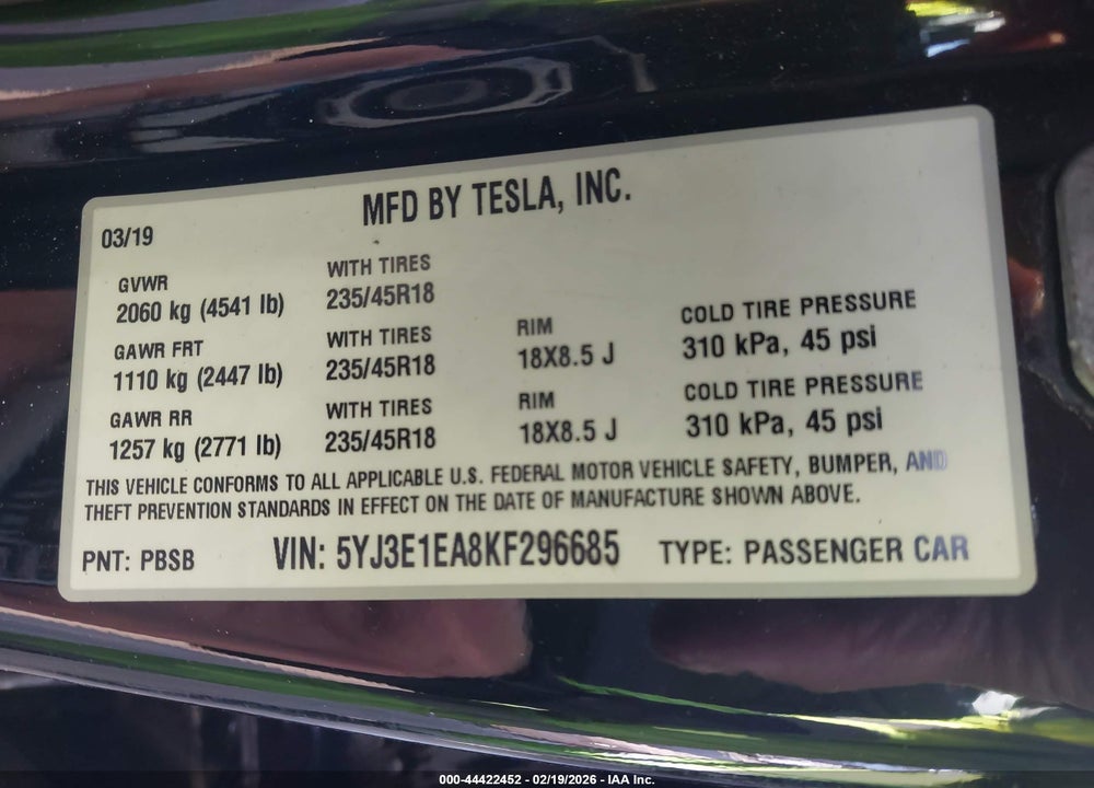 2019 TESLA MODEL 3 LONG RANGE/MID RANGE/STANDARD RANGE/STANDARD RANGE PLUS VIN: 5YJ3E1EA8KF296685