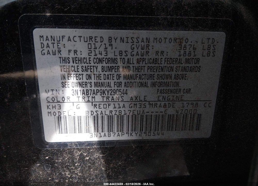 2019 NISSAN SENTRA SR VIN: 3N1AB7AP9KY290544