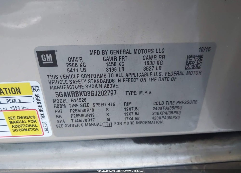 2016 BUICK ENCLAVE LEATHER VIN: 5GAKRBKD3GJ202797