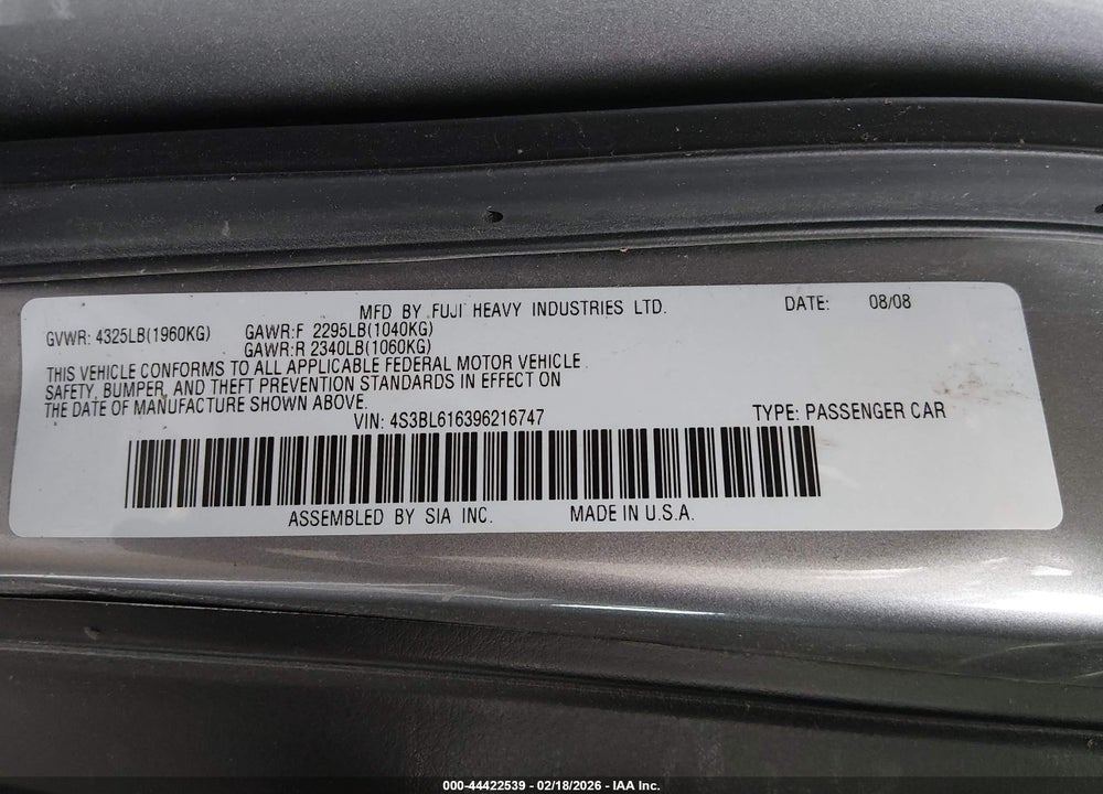 2009 SUBARU LEGACY 2.5I VIN: 4S3BL616396216747