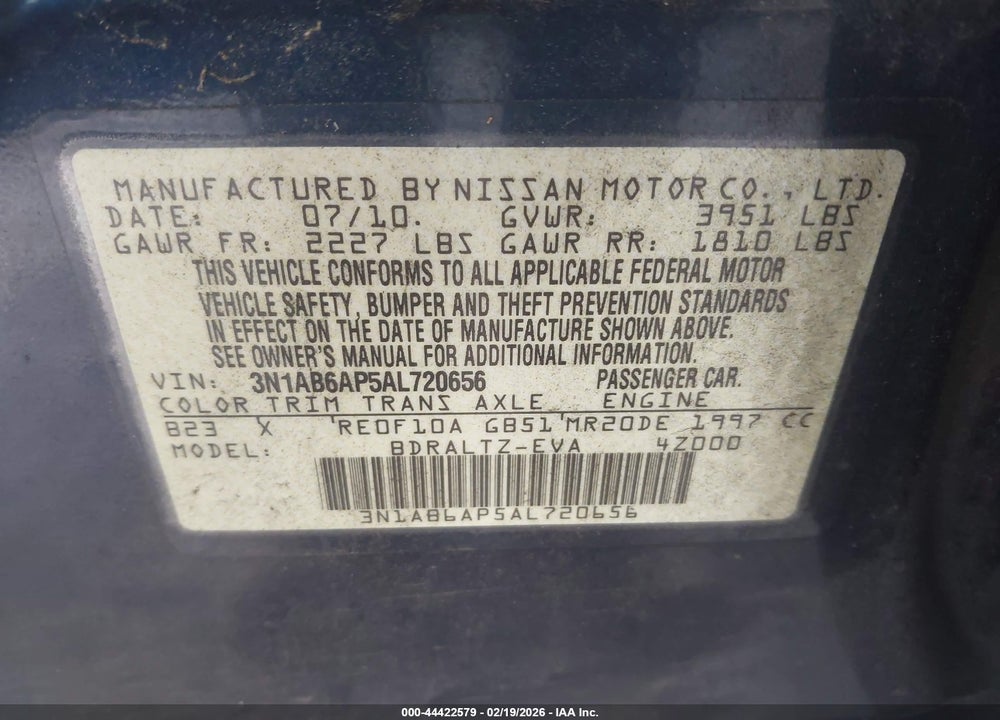 2010 NISSAN SENTRA 2.0S VIN: 3N1AB6AP5AL720656