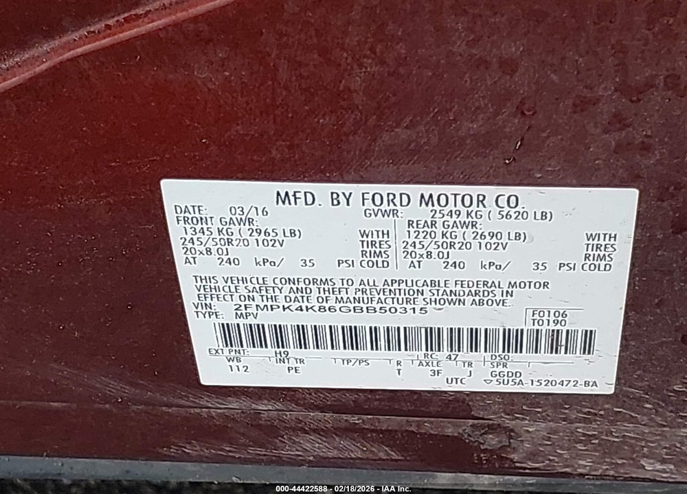 2016 FORD EDGE TITANIUM VIN: 2FMPK4K86GBB50315