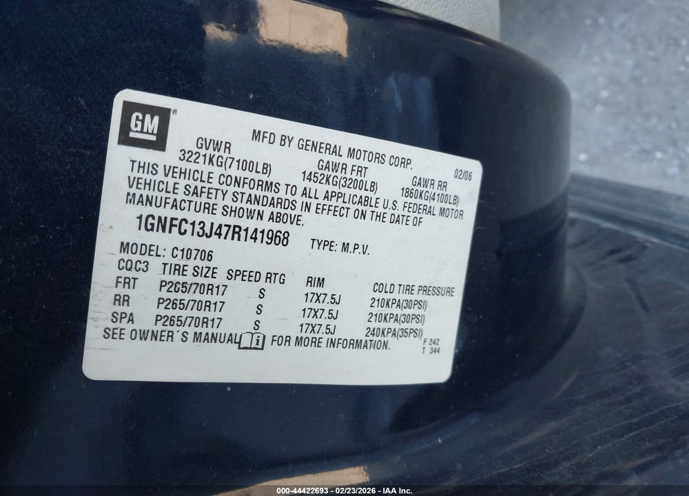 2007 CHEVROLET TAHOE LT VIN: 1GNFC13J47R141968