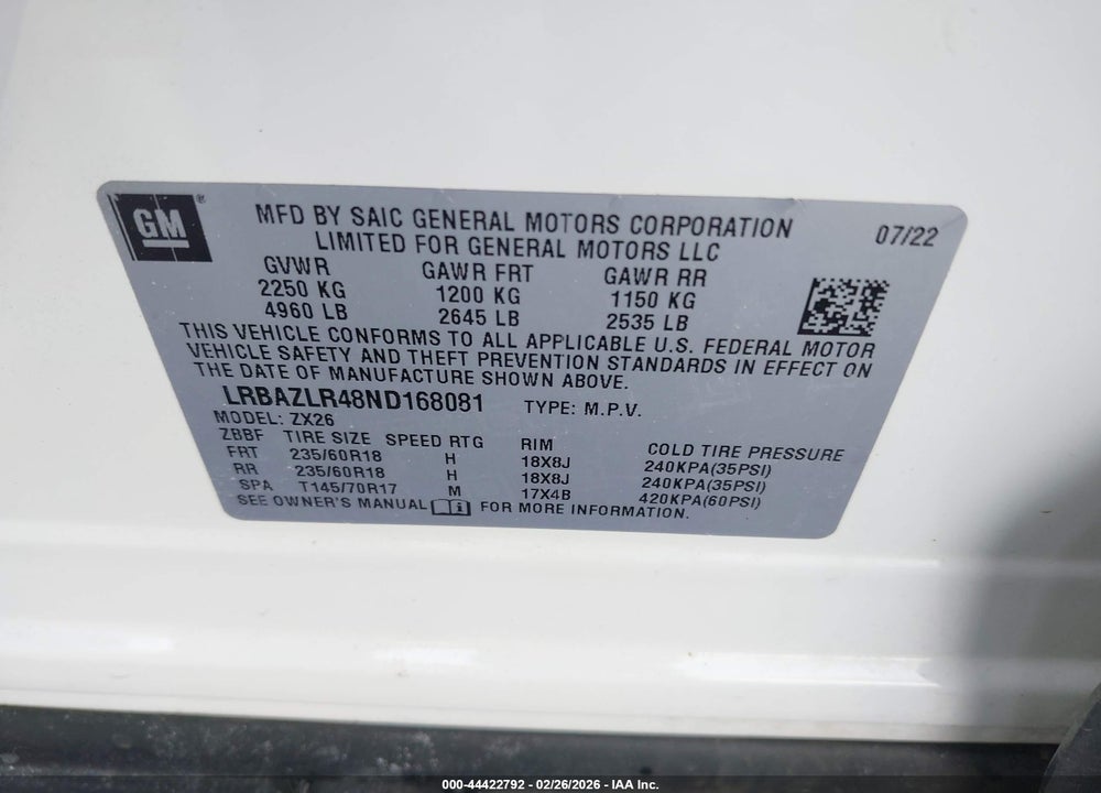 2022 BUICK ENVISION FWD PREFERRED VIN: LRBAZLR48ND168081