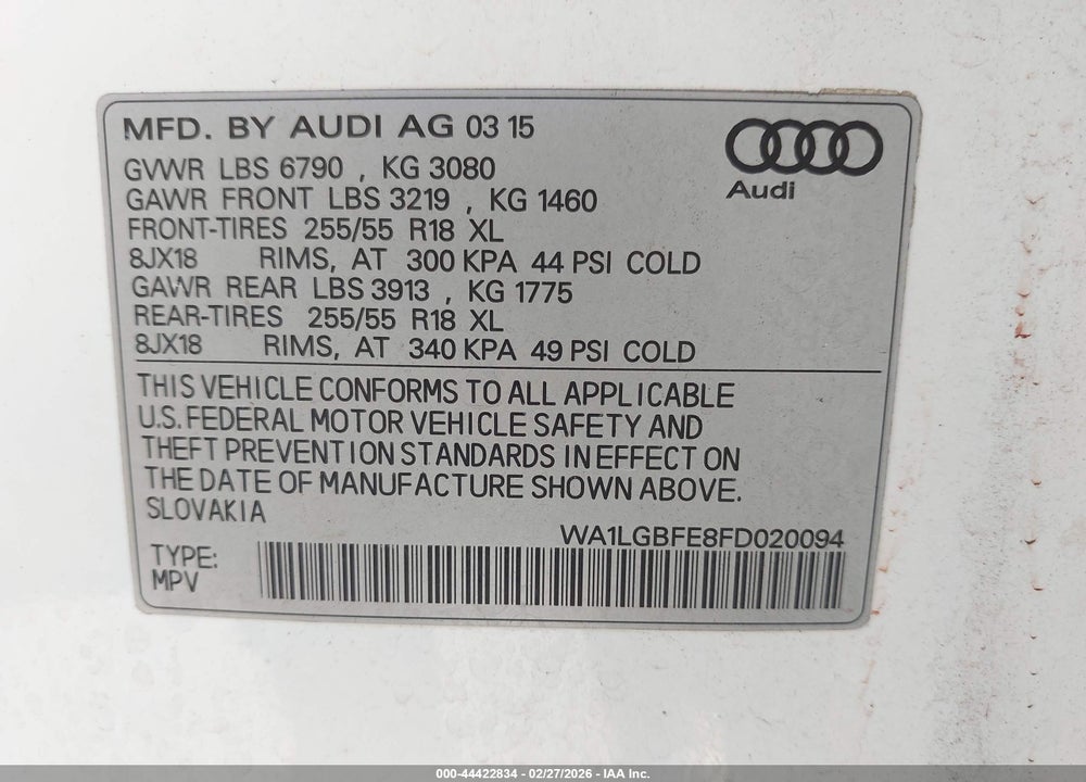 2015 AUDI Q7 3.0T PREMIUM VIN: WA1LGBFE8FD020094