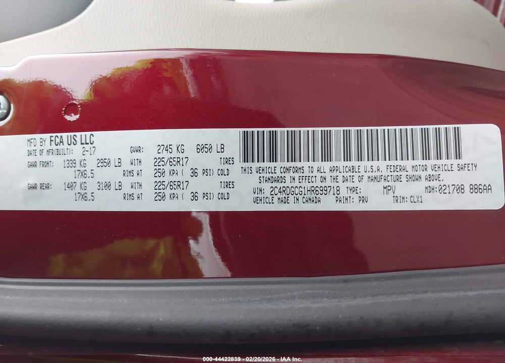 2017 DODGE GRAND CARAVAN SXT VIN: 2C4RDGCG1HR699718