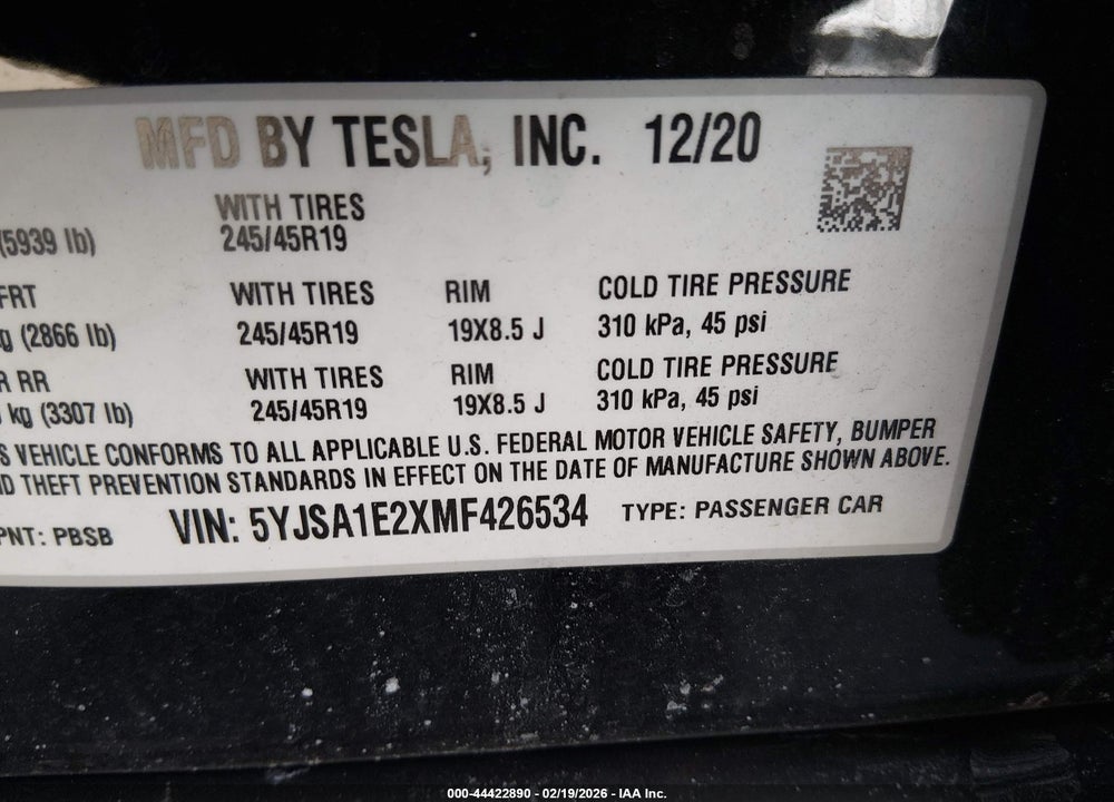 2021 TESLA MODEL S LONG RANGE DUAL MOTOR ALL-WHEEL DRIVE/LONG RANGE PLUS DUAL MOTOR ALL-WHEEL DRIVE VIN: 5YJSA1E2XMF426534