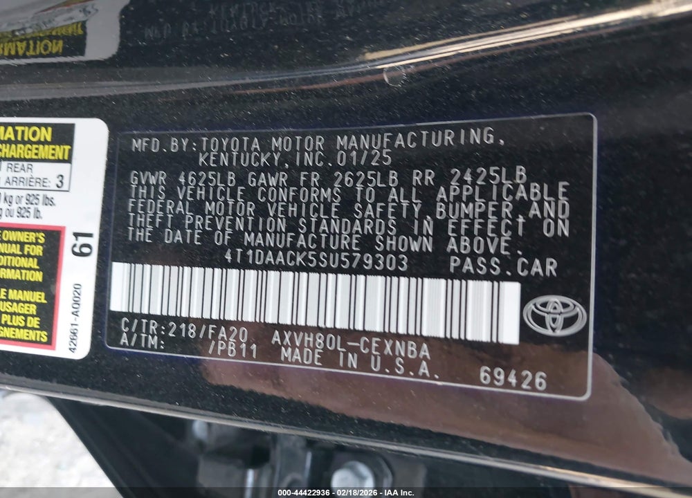 2025 TOYOTA CAMRY LE VIN: 4T1DAACK5SU579303