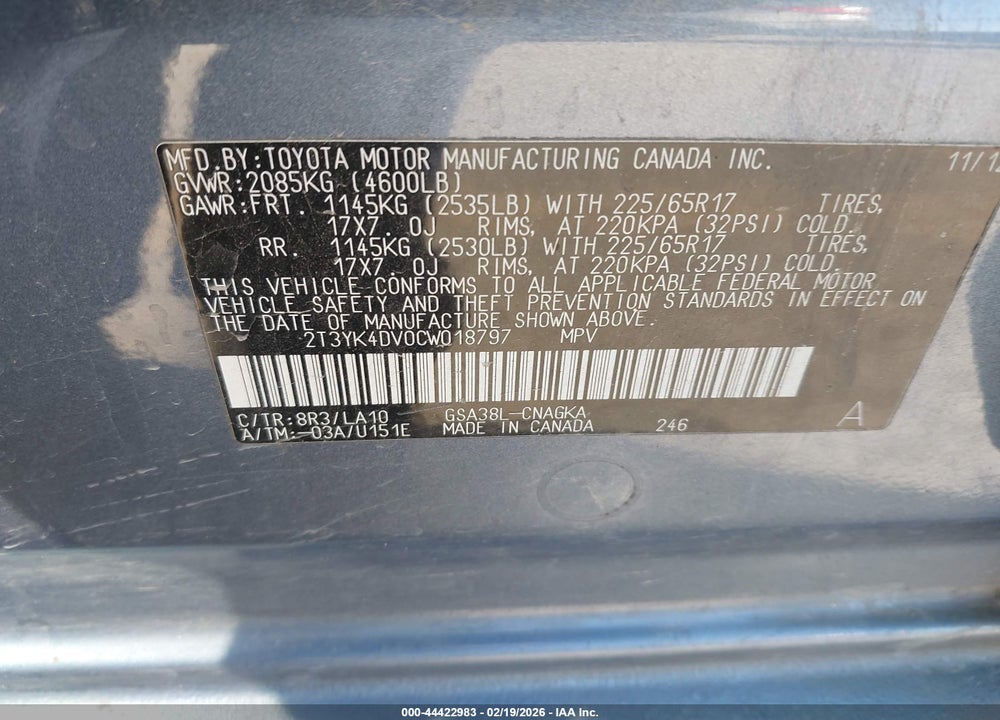 2012 TOYOTA RAV4 LIMITED V6 VIN: 2T3YK4DV0CW018797